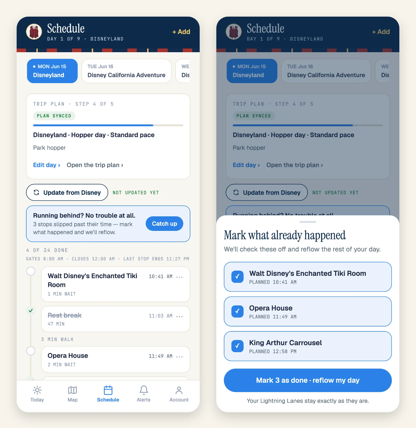 The Mickey Alerts app: the Schedule tab with Update from Disney and the catch-up banner, and the Catch up sheet that reflows the rest of the day