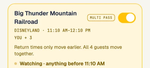 A Disneyland Lightning Lane for Big Thunder Mountain Railroad that Fast Forward is watching for an earlier return time, for a party of four