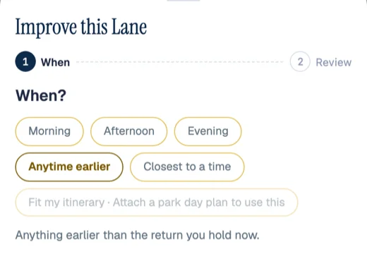 Choosing when Fast Forward should aim for: morning, afternoon, evening, anytime earlier, closest to a time, or fit your park day plan