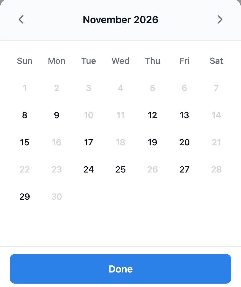 The party-night calendar for November 2026 in the alert form, with only party nights selectable
