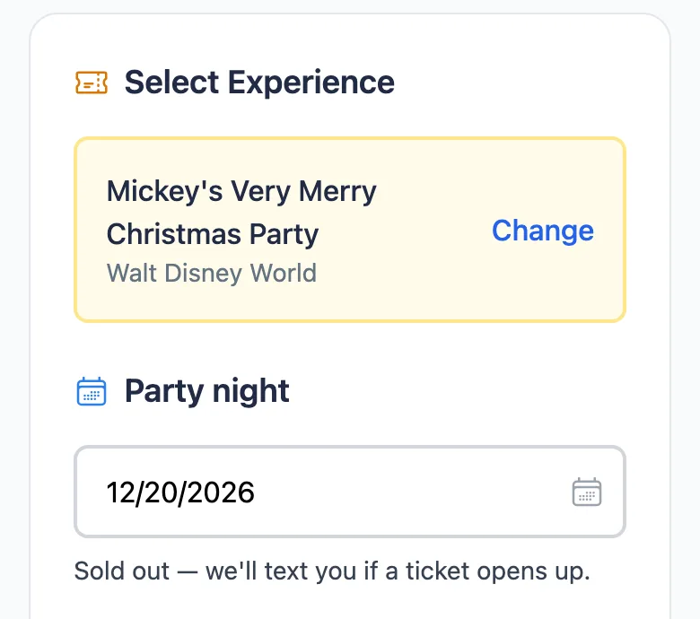 The Mickey Alerts experience alert form with Mickey's Very Merry Christmas Party selected and the sold-out night of December 20, 2026 chosen; the form reads "Sold out - we'll text you if a ticket opens up"